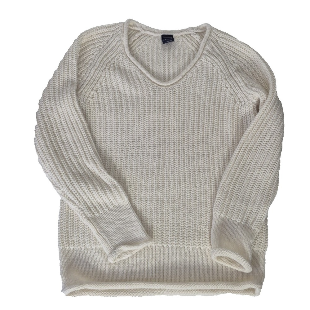 Gap Sweater Womens Small Cream Ribbed‎ Roll Neck Long Sleeve V- Neck Pullover